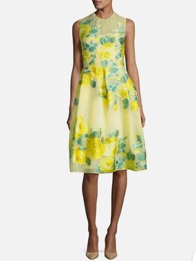 Lela Rose Yellow Floral Organza Midi Dress